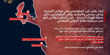 الجيش الاسرائيلي يوجه تهديدا للمتواجدين في موانئ الحديدة ورأس عيسى والصليف والى المتواجدين داخل محطة كهرباء الحديدة - راس الخطيب في اليمن - بوابة فكرة وي